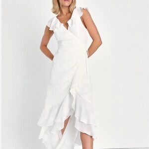 Elegant White Ruffle Wrap Dress